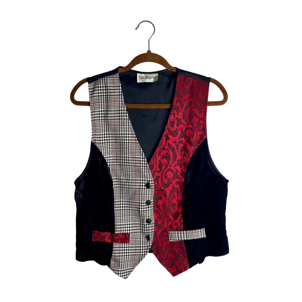 VTG 90s Tres Paquette Patchwork Vest Houndstooth Brocade Velvet Whimsigoth M